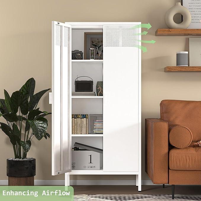 COFaR 4 Tier Black Metal Storage Cabinet, Free Standing with 2 Doors, 3 Adjustable Shelves and Legs, Cupboard Metal Cabinet for Living Room, Kitchen, Dining Room, Office - ModernBath