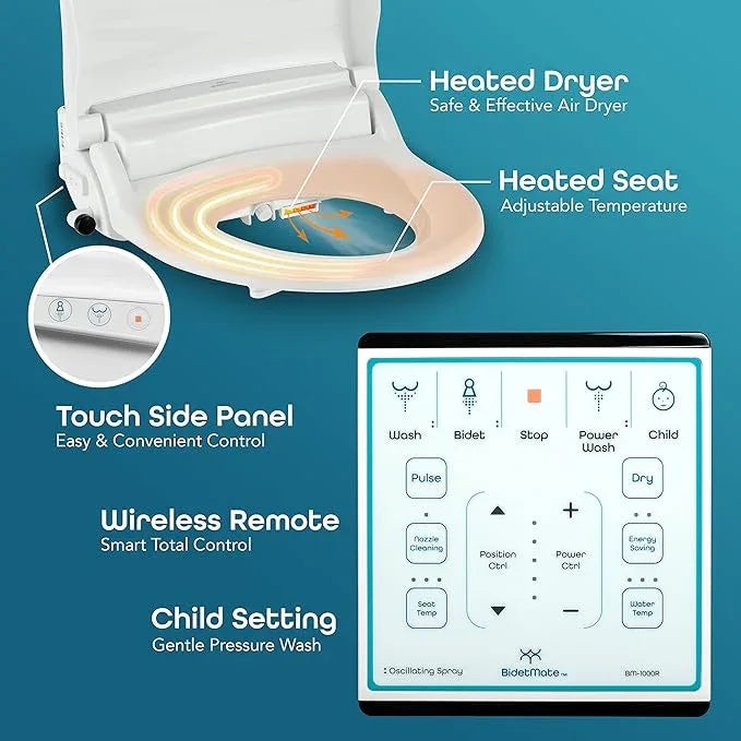 BidetMate 1000 Series Smart Toilet Seat with Heated Water, Wireless Remote, and Warm Air Dryer - Adjustable and Self-Cleaning electric bidet seat - Multiple Wash Settings - Elongated - ModernBath