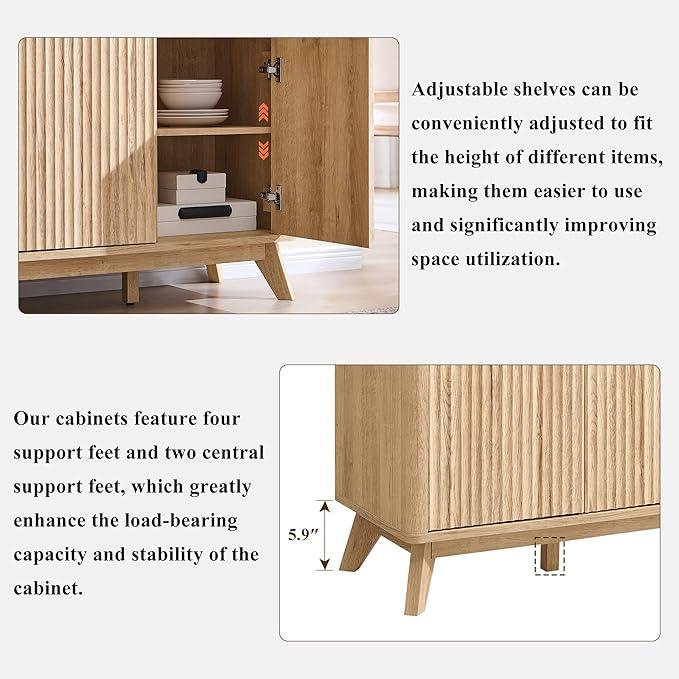 OKD Fluted Storage Cabinet with Drawers, 60" Morden Buffet Sideboard Coffee Bar Cabinet with 4 Doors and 3 Drawers for Dining Room, Living Room,Hallway (Natural Oak) - ModernBath