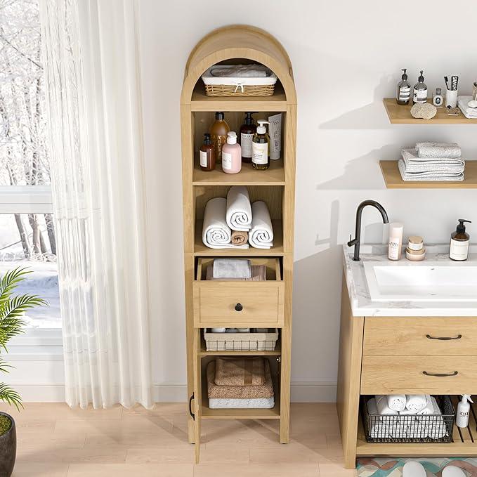 64" Tall Bathroom Storage Cabinet with Adjustable Shelves,Tall Narrow Arched Freestanding Tower Cabinet with Fluted Doors and Drawers,Space Saving Organizer for Bathroom Living Room (Oak) - ModernBath