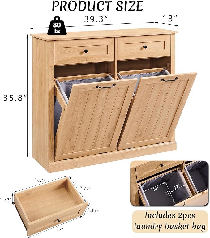 Double Tilt Out Laundry Hamper Cabinet, 20 Gallon Farmhouse Trash Can Cabinet with Drawer, Hidden Wood Garbage Can Bin Cabinets with Laundry Storage Basket for Bathroom, Kitchen (Natural) - ModernBath