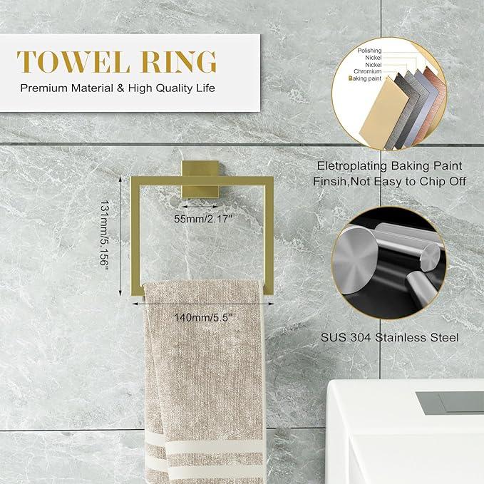 Bathroom Accessory Towel Bar Set: 10 Pieces Gold Square Bathroom Hardware SUS304 Stainless Steel - 24 Inch Wall Mounted Towel Rack&Toilet Paper Holder&Towel Ring and Towel Hook - ModernBath