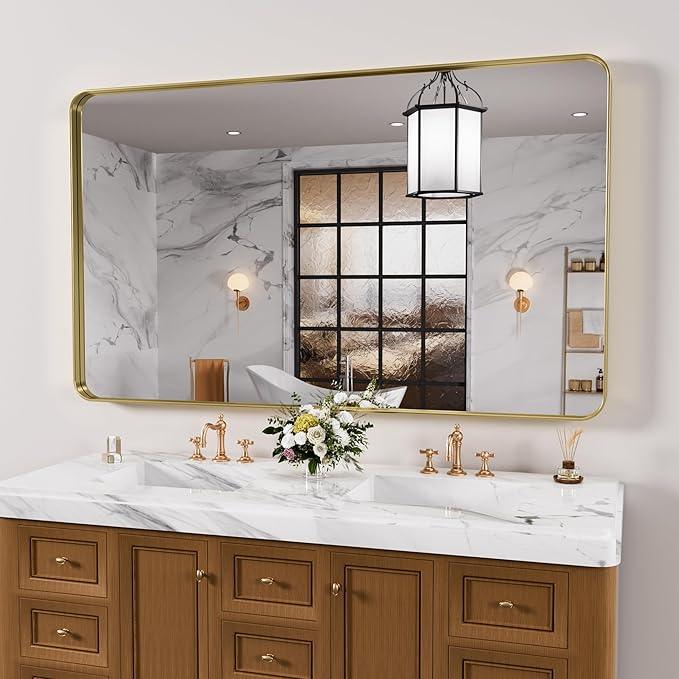 JISOSO Gold Bathroom Mirror, 60x30 Inch Brushed Gold Metal Frame Mirror for Wall, Rounded Rectangle Bathroom Vanity Mirror, Tempered Glass, Anti-Rust, Horizontal/Vertical - ModernBath