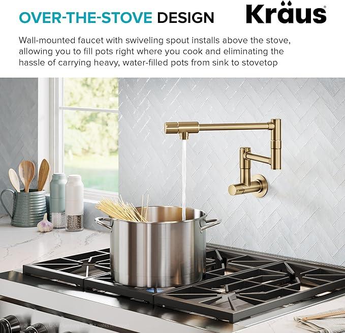 KRAUS Bolden Pot Filler Faucet with Retractable Arm, Wall Mount Kitchen Faucet, Pot Filler for Stove in Spot-Free Brushed Brass, KPF-5003SFBB - ModernBath