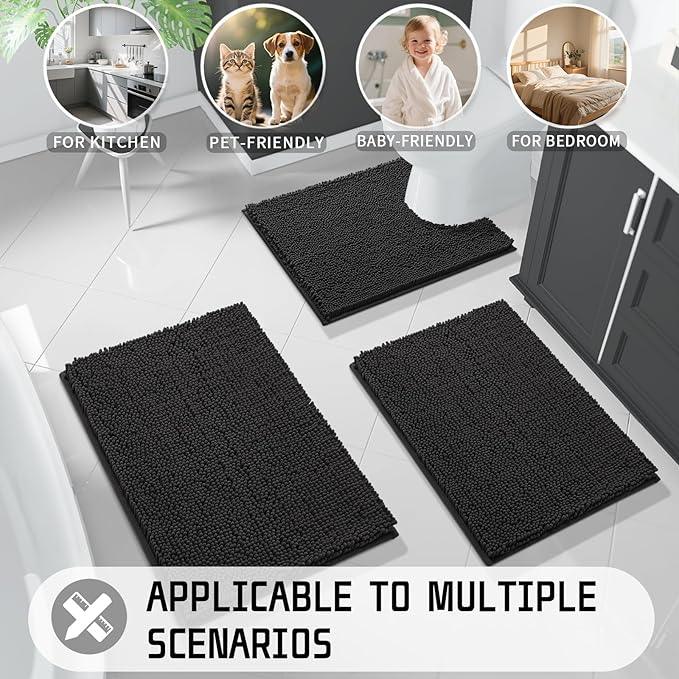 Yimobra Washable Bathroom Rugs, Super Soft & Absorbent Chenille Bath Mat for Floor & Carpet, Quick Dry Non Slip Bath Mat for Tub Shower, 24" x 17",Black - ModernBath