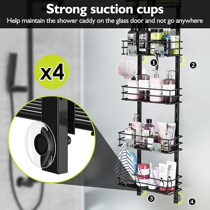 Orimade Over the Door Shower Caddy Adjustable 5 Tier Black,Bathroom Hanging Organizer Shelf Rustproof with 4 Hooks,Shower Basket with Soap Holder and Suction Cup - ModernBath