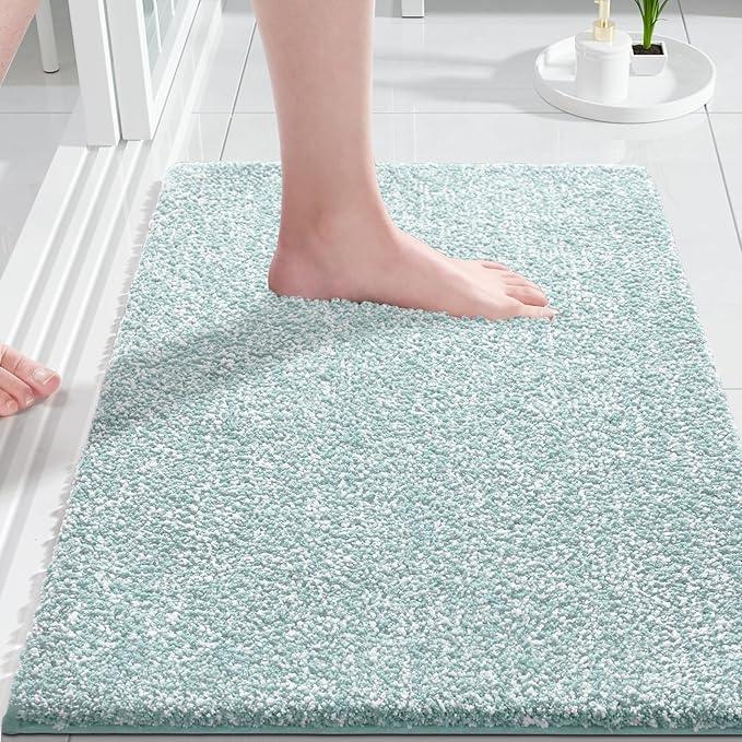 Yimobra Bathroom Rugs Non Slip Washable 24x17, Ultra Soft Absorbent Microfiber Bath Mat, Dual-Tone Decor Rug with Rubber Backing for Bathroom Floor, Tub and Shower, Home Essentials,Light Blue & White - ModernBath