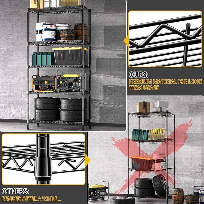 1250 lbs 5 Tier Shelf Metal Storage Shelves Shelving Wire Rack Heavy Duty Closet Organizers for Garage Kitchen Bathroom Laundry Black 15.7" D x 33.5" W x 68.5" H - ModernBath
