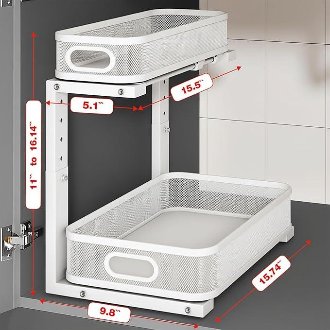 2 Pack Under Sink Organizer, Dual-Layer Pull Out Mesh Cabinet Rack with 5-Level Height Adjustment, Rust-Resistant Sliding Storage for Bathroom & Kitchen, Multi-Purpose 2-Tier Shelf - ModernBath