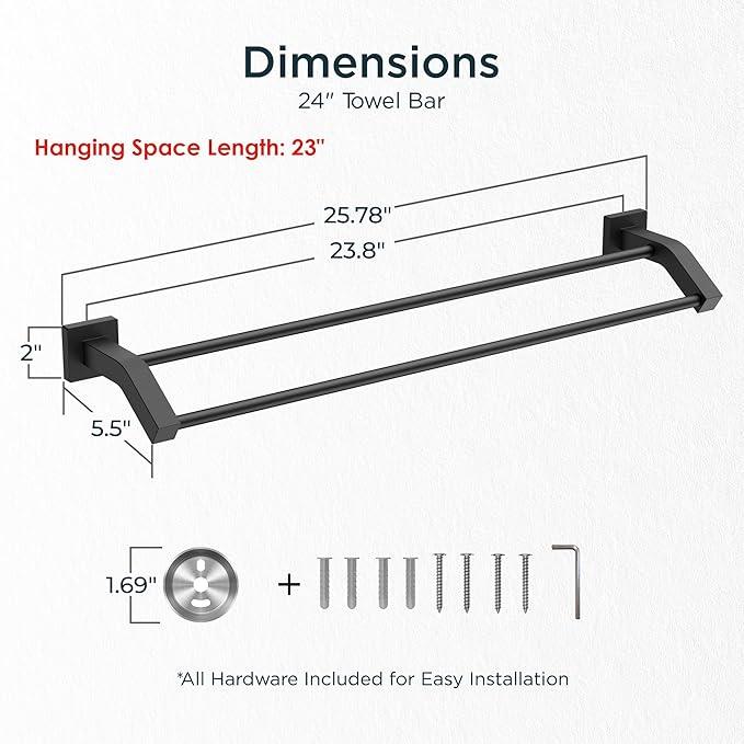 FORIOUS Double Towel Bar, 24 Inch Dual Towel Racks for Bathroom Wall Mounted, Thicken SUS304 Stainless Steel Bath Square Towel Rod Towel Holder Rail, Matte Black - ModernBath