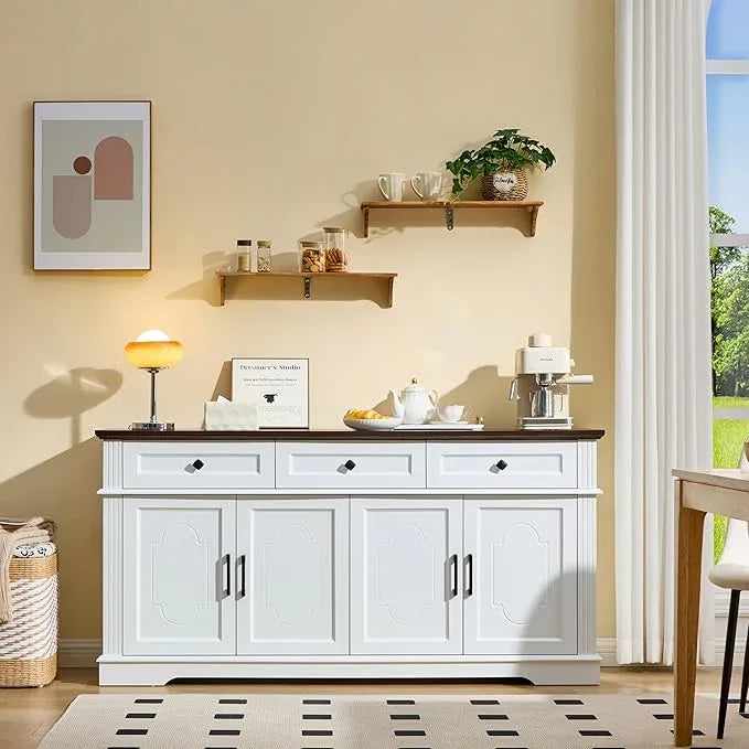 63" White Buffet Sideboard Cabinet with 4 Doors and 3 Drawers, Modern Farmhouse Kitchen Storage Cabinet, Coffee Bar Cabinet with Adjustable Shelves, Living Room Storage, Dining Room - ModernBath