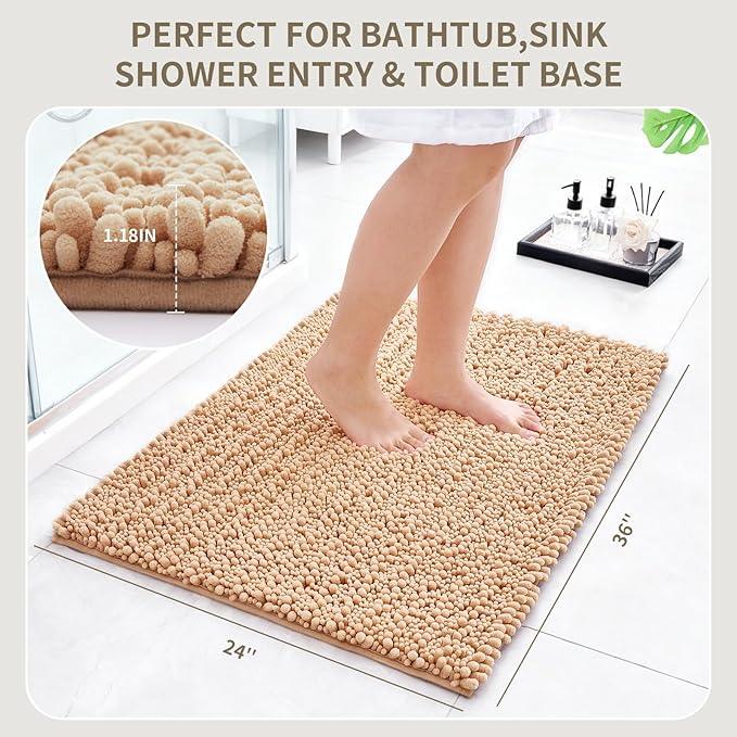 Ruggnovea Chenille Bathroom Rugs Non Slip Washable 36x24, Extra Thick Soft Absorbent Chenille Bath Mat, Non-Slip Barrier Backing, Quick Dry Machine Washable Bath Mats Tub, Shower,Floor/Sink,Beige - ModernBath