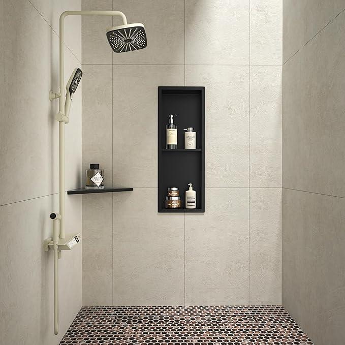 Stainless Steel Shower Niche Matte Black 8"×24" with 2-Tiers Shelf No Tiled Needed Niche Shower for Bathroom Wall Storage Recessed Metal Shower Shelf Over-Mounted Installation - ModernBath