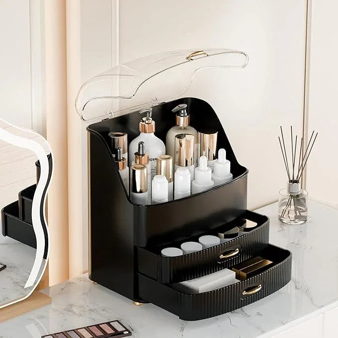 Plukers Makeup Organizer Countertop Vanity with Transparent Lid Drawers Waterproof Dustproof Cosmetic Skincare Bathroom Storage Gift for Women Teens Girls (Black) - ModernBath