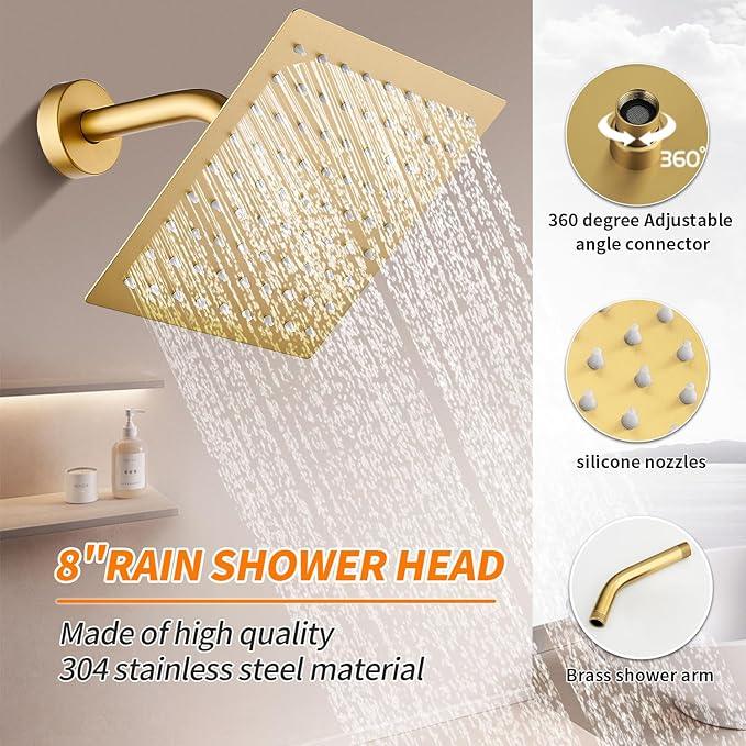 Brushed Gold Shower Faucet Single Function Trim Kit with Rough-in Valve Set Bath Rainfall Shower System 8inch Square Stainless Steel Metal Shower Head - ModernBath