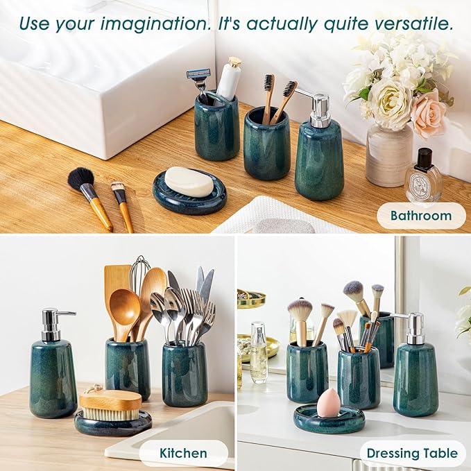 vancasso Green Bathroom Accessories Set, Ceramic Soap Dispenser and Toothbrush Holder Sets, Stoneware 4 Pcs Bathroom Sink Set for Modern Home Decor, Series Starry - ModernBath