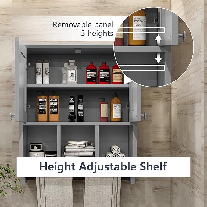 Medicine Cabinets, Bathroom Cabinet Wall Mounted 2-Door with 3 Open Shelves, Over The Toilet Storage Cabinet with Towels Bar for Toilet, Bathroom (Grey) - ModernBath