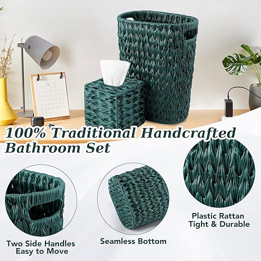 Wicker Trash Can & Square Tissue Box, Handwoven Waterproof Waste Basket with Handles, Wicker Home Set for Bedroom, Bathroom, Kitchen, Office, Balcony (Dark Green)
