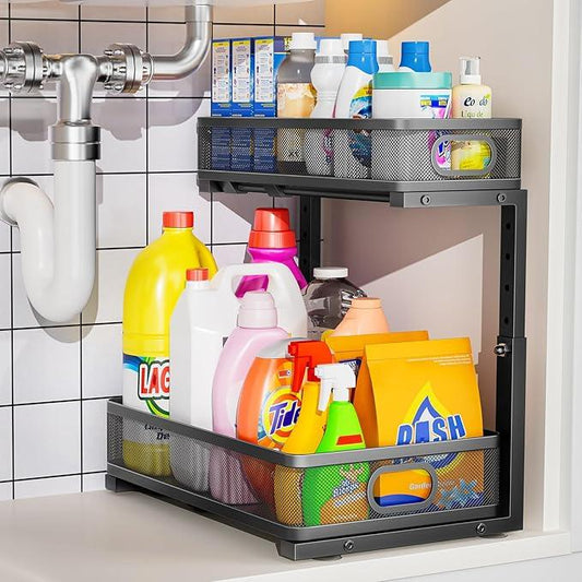 Under Sink Organizer, High Adjustable 2 Tier Under Sink Organizers and Storage, Slide Out Metal Cabinet Organizers, Pull Out Sink Storage Drawer Shelf for Kitchen Bathroom Cabinet, Black, 1 Pack - ModernBath