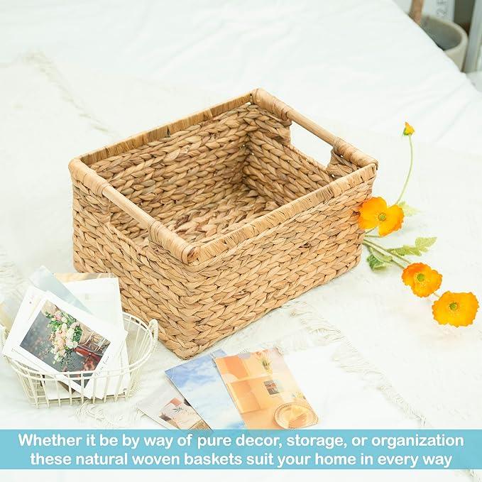 VATIMA Large Rectangular Wicker Basket with Wooden Handles for Shelves and Storage - Natural Water Hyacinth Basket for Organizing, 14.5 x 10.3 x 7.5 inches - ModernBath