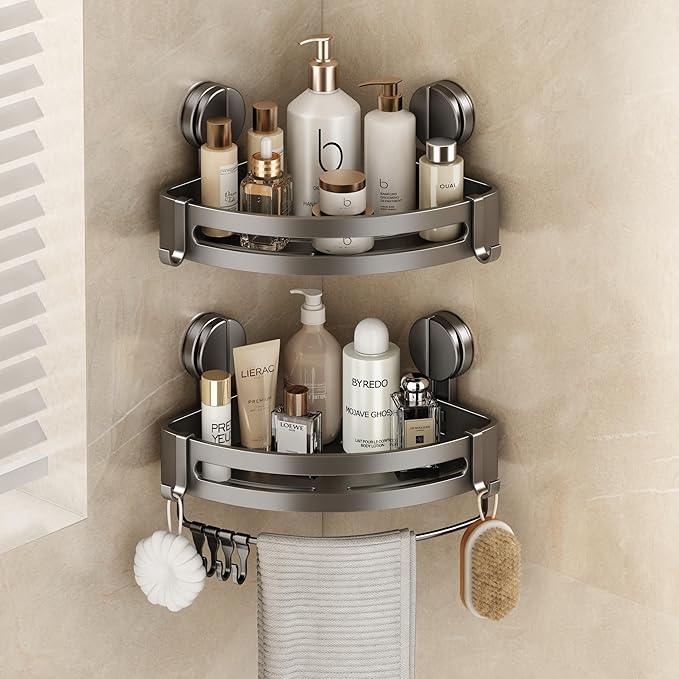 VOLPONE Shower Caddy Suction Cup, 2 Pack Corner Shower Shelves No Drilling, Showers Organizer Storage with Towel Bar & Removable Hooks, Bathroom Shower Shelf Rack for Inside Showers, Triangle - ModernBath