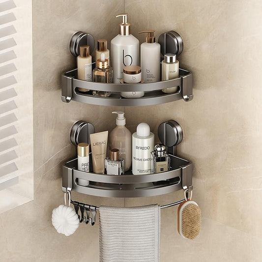 VOLPONE Shower Caddy Suction Cup, 2 Pack Corner Shower Shelves No Drilling, Showers Organizer Storage with Towel Bar & Removable Hooks, Bathroom Shower Shelf Rack for Inside Showers, Triangle - ModernBath