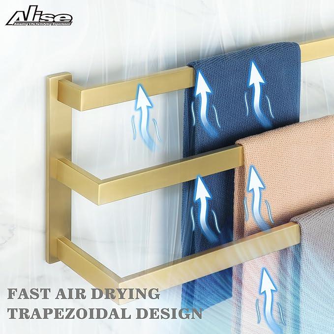 Alise 3-Layers Towel Bars for Bathroom Wall Mount,Brushed Gold Towel Holder Towel Racks for Bathroom Lavatory,SUS304 Stainless Steel Square Towel Rail Towel Hanger for Walls - ModernBath