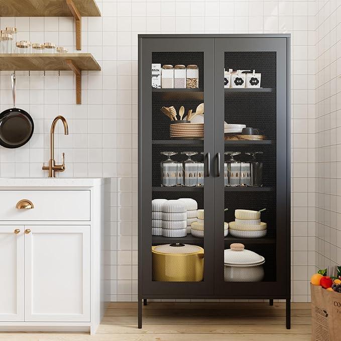 COFaR Modern Mesh Storage Cabinet, Free Standing Tall Pantry, Cupboard Metal Display Cabinet for Living Room, Kitchen, Dining Room - ModernBath