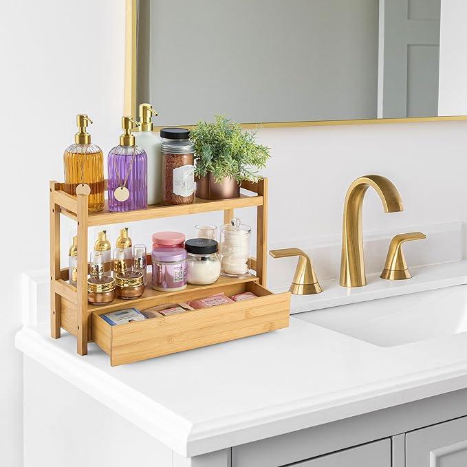 Sorbus Bamboo Bathroom Counter Organizer – 2-Tier Shelf with Hidden Drawer for Vanity, Matcha Station, Bathroom Sink Organizer Countertop, Kitchen & Office Storage (17″ L x 6.5″ W x 12.6″ H) - ModernBath