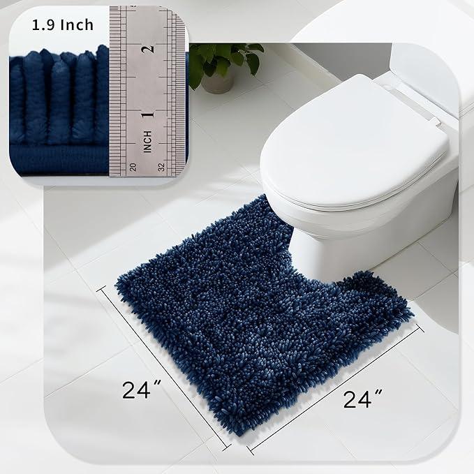Yimobra Toilet Rugs U Shaped Washable, Extra Thick Soft Absorbent Chenille Contour Bathroom Rugs for Toilet 24x24 Inch, Quick Dry Non Slip Toilet Mat for Bath Floor, Navy Blue - ModernBath