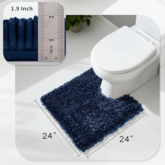 Yimobra Toilet Rugs U Shaped Washable, Extra Thick Soft Absorbent Chenille Contour Bathroom Rugs for Toilet 24x24 Inch, Quick Dry Non Slip Toilet Mat for Bath Floor, Navy Blue - ModernBath