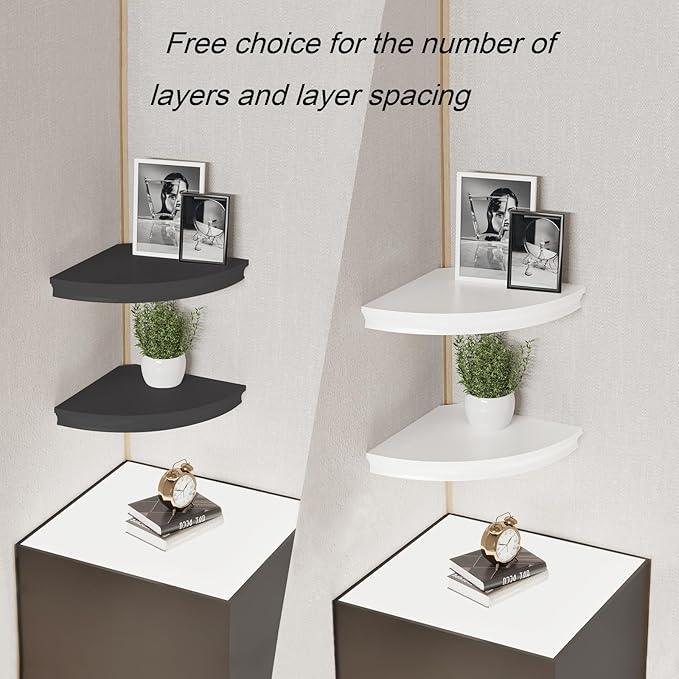 HAO Floating Corner Shelf Invisible Wall Mounted Shelves Radial Shape Cable Wire Hole Pattern Perfect for Bedroom Bathroom Living Room Kitchen Set of 2 Black - ModernBath