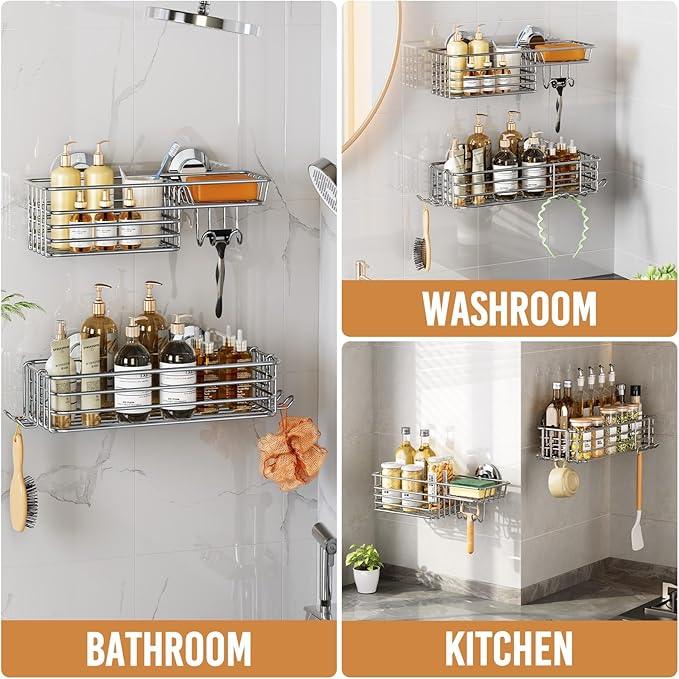 LEVERLOC Shower Caddy Suction Cup, 2 Pack Heavy Duty Bathroom Organizer for Inside Shower with Hooks & Soap holder, Removable and Rustproof Silver bathroom Holder Storage - ModernBath