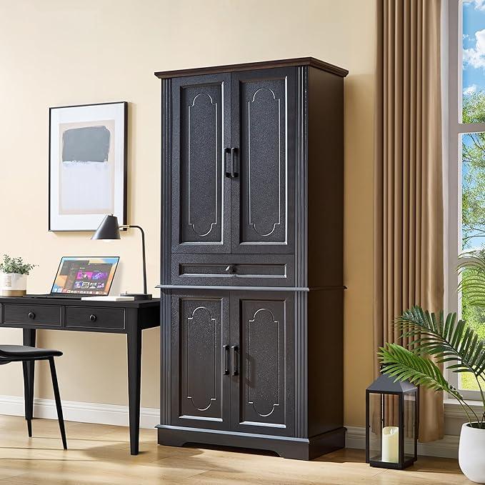 71" Black Tall Pantry Cabinet with Drawer and Adjustable Shelves, Modern Storage Cabinet with Doors, Kitchen Buffet Cabinet, Food Pantry Storage Cabinet, Coffee Bar, Living Room and Dining Room - ModernBath