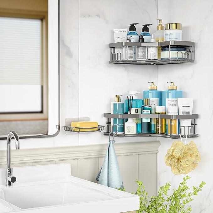 MAXIFFE 3 Pack Corner Shower Caddy with Soap Holder, Large Capacity Sturdy Easy Install No Drilling Stainless Steel Hold 40 LBS Shower Organizer Shelves Rack Storage for Family Renters Bathroom, Grey - ModernBath