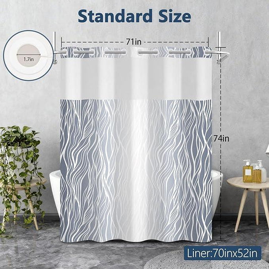 Ombre Light Blue Striped Shower Curtain with Liner, Aesthetic Hotel Luxury Bathroom Curtains, Modern Geometric Minimalist Double Layers No Hook Shower Curtain, Washable Waterproof Fabric, 71x74 inch - ModernBath