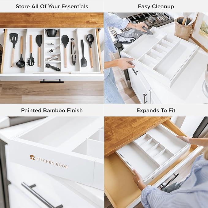 KitchenEdge Adjustable Kitchen Drawer Organizer for Utensils and Junk, Food-Safe Contract Grade with 100% Sustainable Wood, Expandable from 19 to 33 Inches Wide - White Bamboo - ModernBath