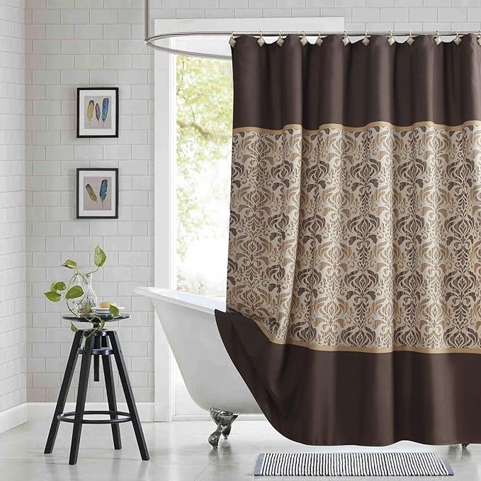 BESTRIPES Long Fabric Shower Curtain, Brown Damask Print Cloth Shower Curtains for Bathroom, Waterproof Bathroom Curtains, 78" W x 78" H - ModernBath
