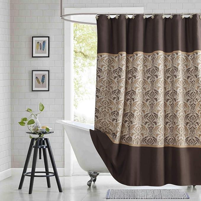 BESTRIPES Brown Fabric Shower Curtain, Tan and Golden Printed Boho Paisley Damask Pattern Shower Curtains for Bathroom, Waterproof Bathroom Curtains, 72" W x 72" H - ModernBath