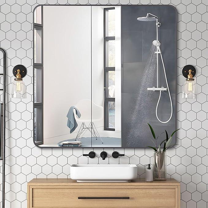 DESBING 36" x 36"Bathroom Mirror, Matte Black Wall Mirror with Metal Frame, Decorative Rectangular Vanity Mirror for Bedroom Bathroom Living Room Entryway (Horizontal/Vertical) - ModernBath
