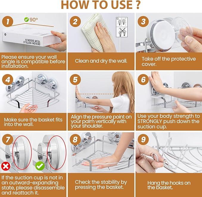 LEVERLOC 2 Pack Powerful Suction Cup Corner Shower Caddy, Stainless Steel Rustproof Shower Shelf with Hooks, Drill-Free Wall Mounted Bathroom Organizer, Large Capacity Removable Suction Basket, Silver - ModernBath
