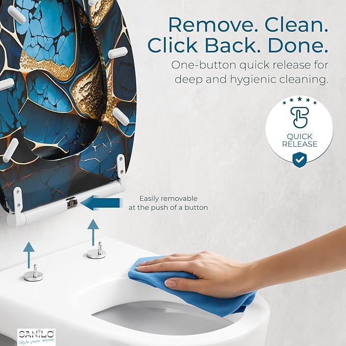 Sanilo Wooden Toilet Seat with Quick Release & Soft Close [ELONGATED] - Decorative & Slow Close Molded Wood Seat - With One Click for Easy Installation & Cleaning - With Adjustable Fit (Marble Cobalt) - ModernBath