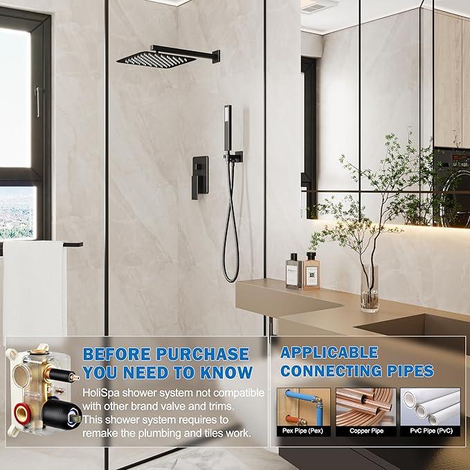 HoliSpa Shower System, Black Shower Faucet Set with 12-Inch Rain Showerhead and Handheld Spray, Wall Mounted High-Pressure Showerhead Combo Set Included Valve and Trim, Matte Black - ModernBath