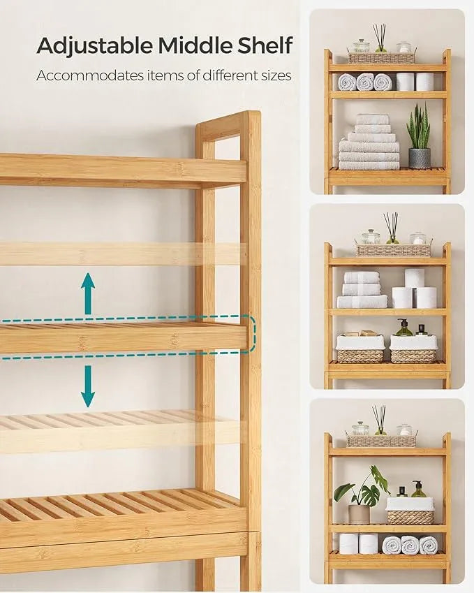 SONGMICS Over The Toilet Storage, 3-Tier Over Toilet Bathroom Organizer with Adjustable Shelf, 10.2 x 24.8 x 66.9 Inches, Space-Saving, Natural Beige UBTS001N01 - ModernBath