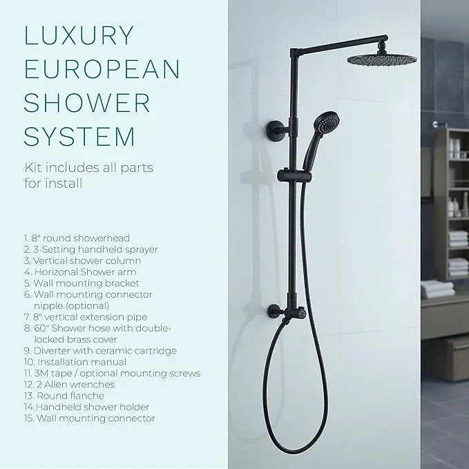 Fennocasa Polaris 3 Rain Shower System, 8” Rainfall Shower Head and Handheld Shower Combo, includes 3-Setting Handheld Spray, Height Adjustable Shower Wand Holder, 60” Hose (1.8 GPM Matte Black) - ModernBath