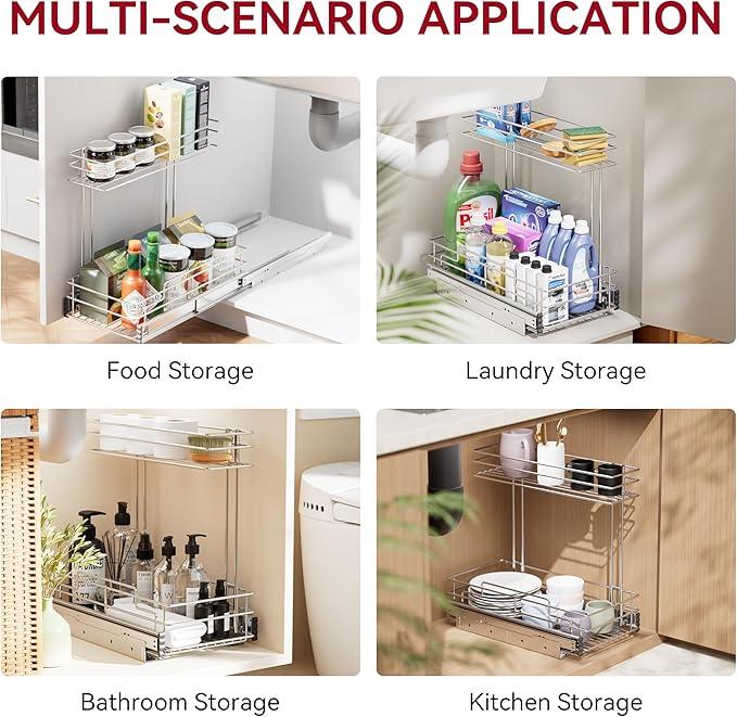 Under Sink Organizer 9" W X17 D, Pull Out Cabinet Organizer 2 Tier, Under Sink Slide Out Chrome Plated, Under Kitchen Bathroom Sink Organizer, Pantry Cabinet Closet Organization Rack, 2 Pack - ModernBath