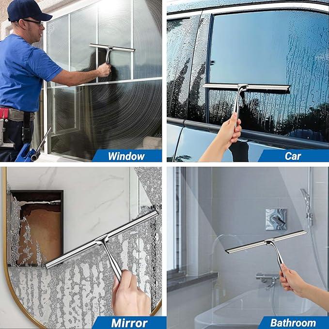 ecooe Stainless Steel Shower Squeegee with Hook, 12″ Shower Glass Cleaner Wiper Scraper with 2 Replacement Blade Window Squeegee for Home Bathroom Kitchen Car Glass Doors - ModernBath