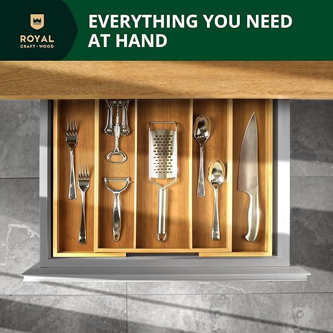 ROYAL CRAFT WOOD Luxury Bamboo Kitchen Drawer Organizer - Silverware Organizer - Utensil Holder and Cutlery Tray with Grooved Drawer Dividers for Flatware and Kitchen Utensils (5 Slot, Natural) - ModernBath