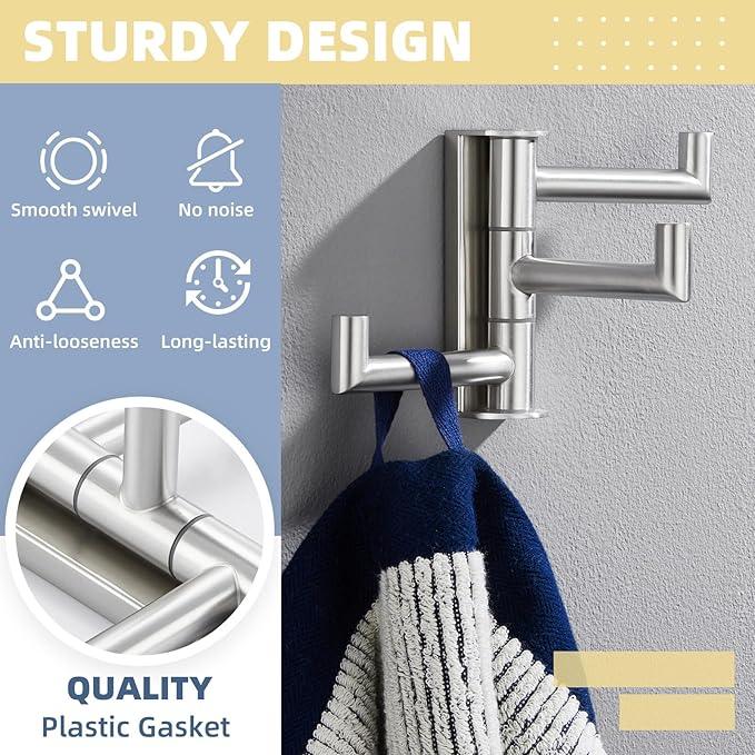 APLusee Swivel Towel Hook for Bathroom Wall Mounted, 304 Stainless Steel 3 Arms Clothes Hook, Flexible Bathroom Kitchen Wall Towel Hanger, Brushed Nickel - ModernBath