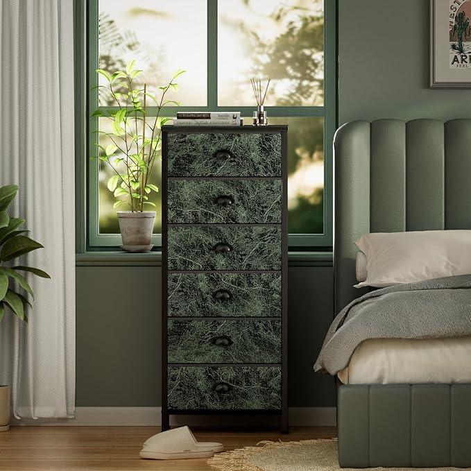 Furnulem Vertical Dresser for Bedroom,Tall Storage Tower Unit and Chest with 6 Drawers,Vintage Green Nightstand Furniture with Fabric Drawer Organizer in Dorm, Living Room,Closet,Entryway,Hallyway - ModernBath